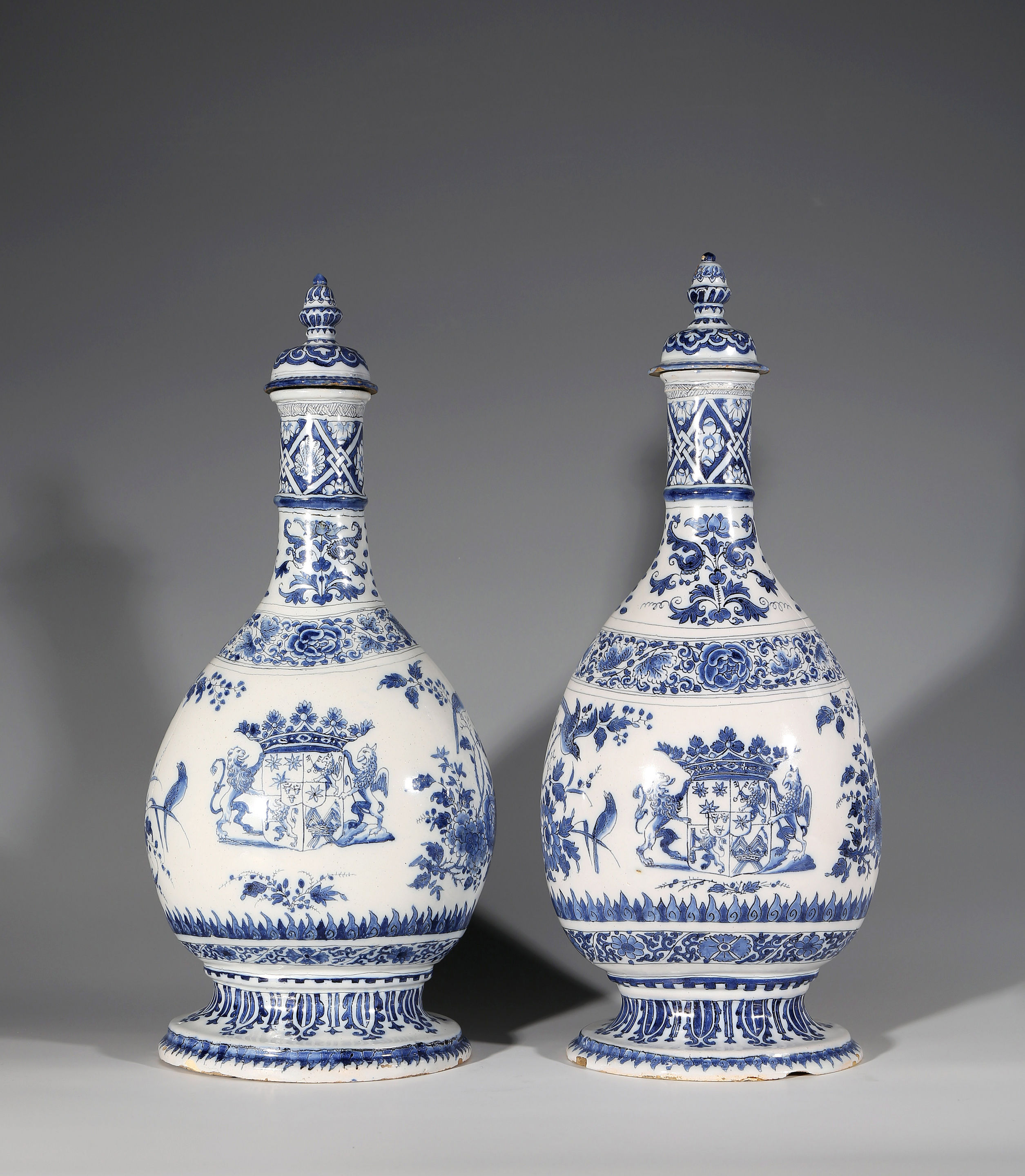 Two Delft Pilgrim Flasks and Covers With the Arms of Count Hastfers